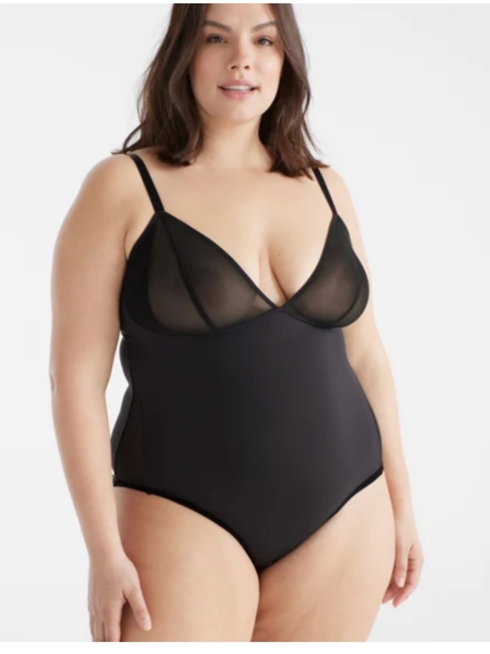 Ashley Graham x Knix Black One-Piece Deep V-Neck Mesh Bodysuit - Picture 2 of 12